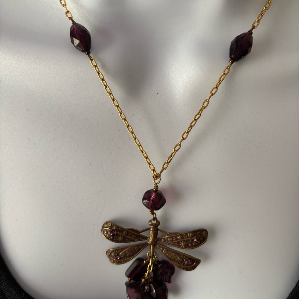Elegant Gold and Handcrafted Purple Dragonfly Necklace and Earring Set - Picture 4 of 8